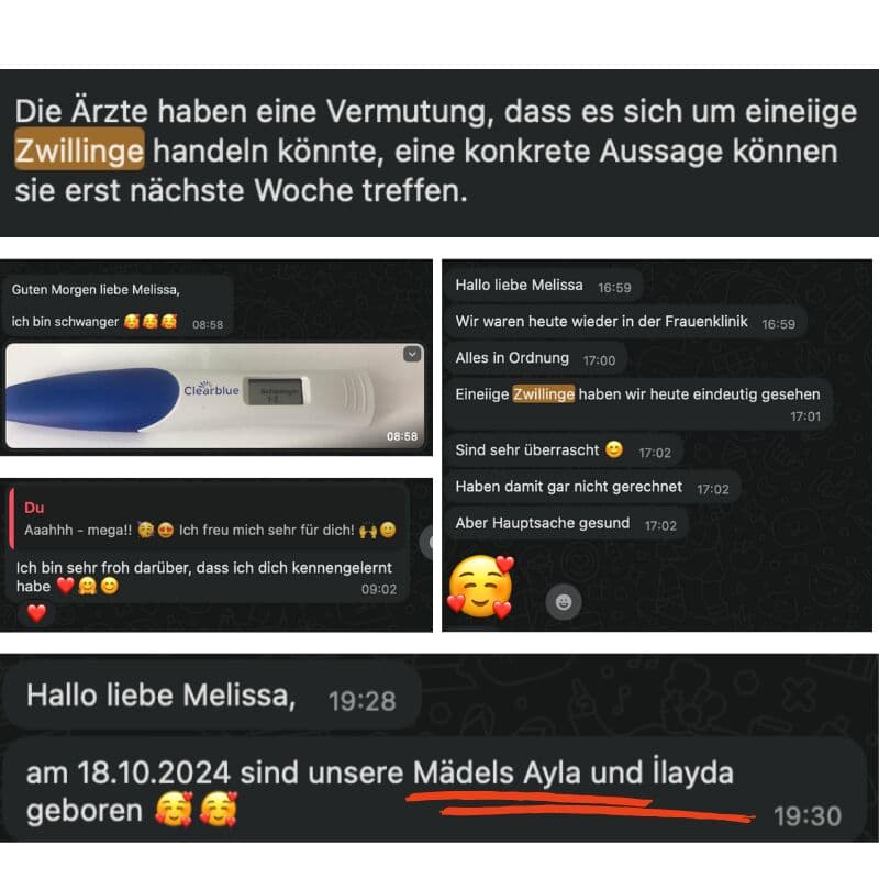 Original messages to Melissa announcing identical twins (German).